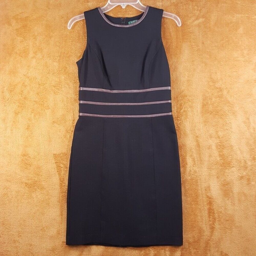 LAUREN RALPH LAUREN Womens Dress Size 4 Black Sheath Sleeveless Leather Stripe